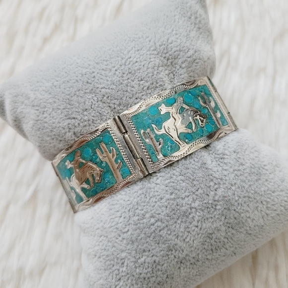 Vintage Mexico Sterling Silver Turquoise Inlay Bracelet - Picture 1 of 14